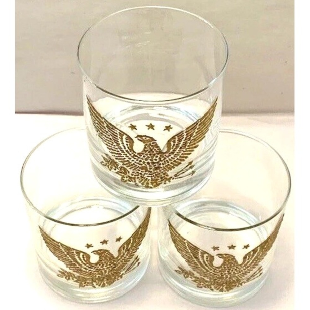 MCM Glass Set 3 PC Rocks Gold Eagles Stars Bar Cart Home Decor Whiskey Cocktail